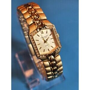 Gruen Precision Women's Gold Tone Tank Watch Gemstones. New Battery. Box. MINT